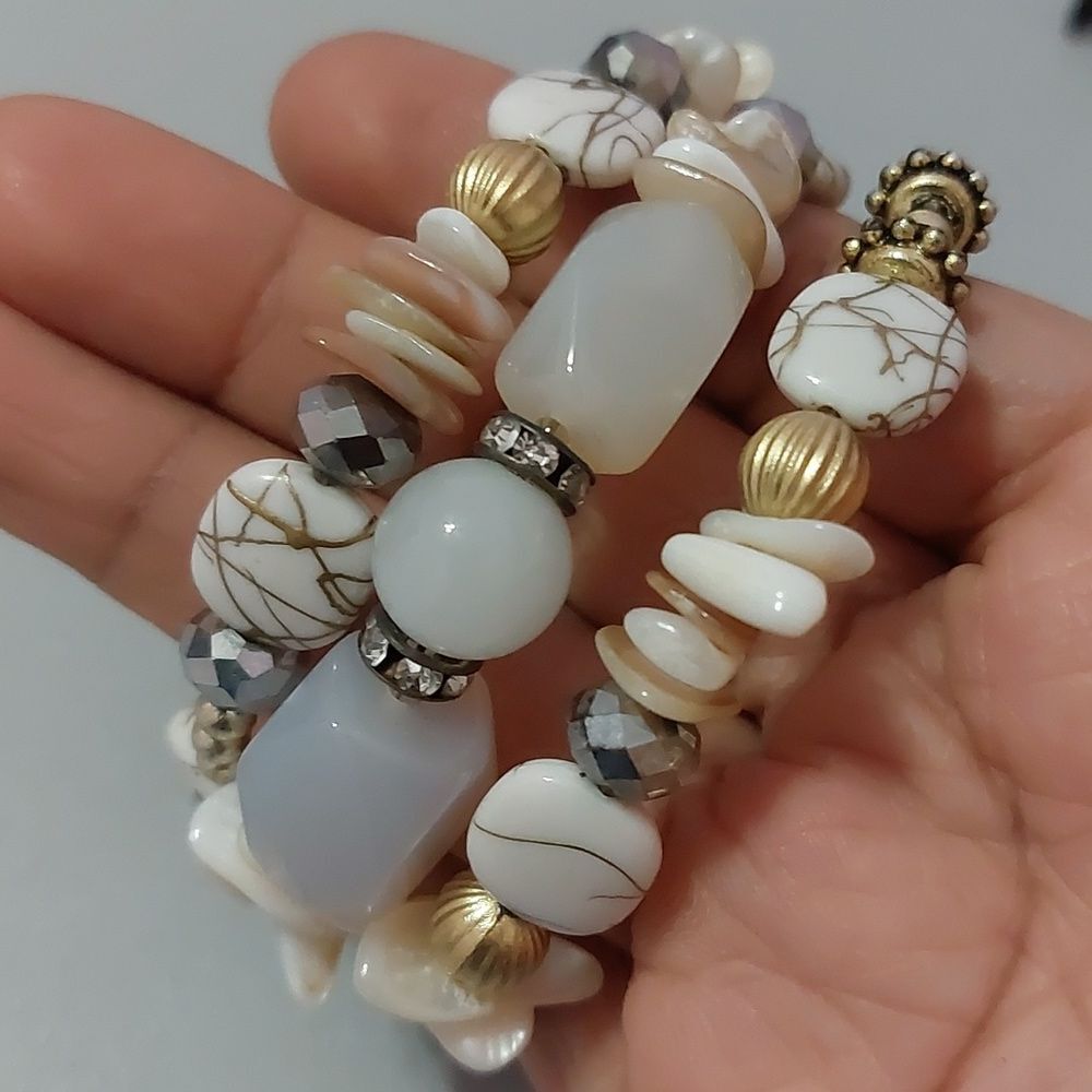 Boho Mixed Media Faux Chalcedony and MOP Beaded Coil Bracelet